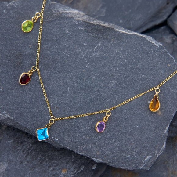 Bejeweled Gemstone Station Necklace 14K Yellow Gold & Matching Earrings - Picture 2 of 4